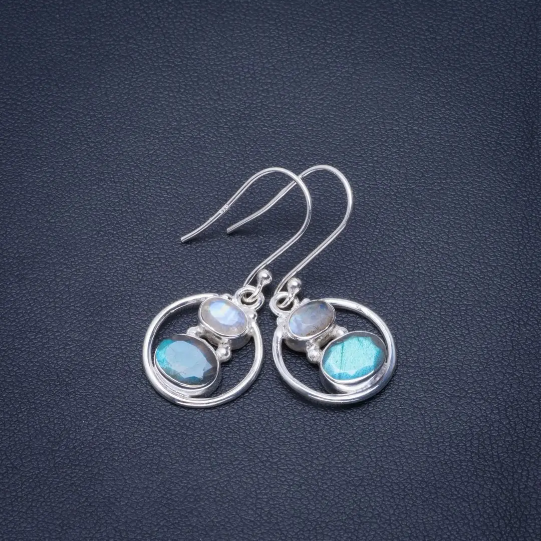 

Natural Labradorite and Rainbow Moonstone Handmade Unique 925 Sterling Silver Earrings 1.25" B2763