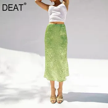 

DEAT 2020 new spring fashion women's clothing high waist green pleated vintage causal beach vacation skirt WL02106M