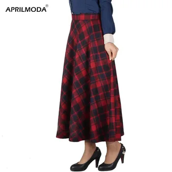 

England Style Red Plaid High Waist Midi Skirts Skater Woolen Plus Size 3XL A Line Pleated Retro 2019 Winter Women Tartan Skirts