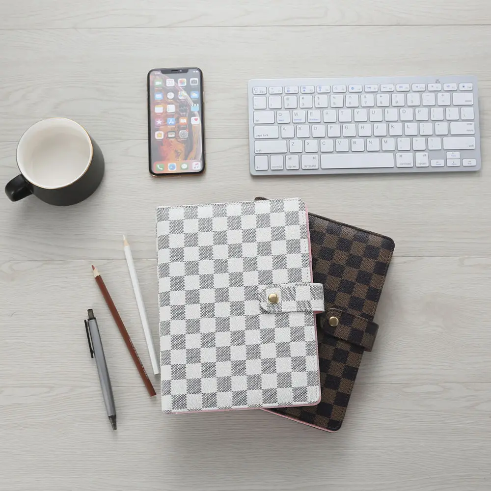 China Luxury Loose Leaf White Checkboard Planner A5 Reffillable PU Leather Brown 6 Ring Binder Checkered Notebook Journals | Канцтовары