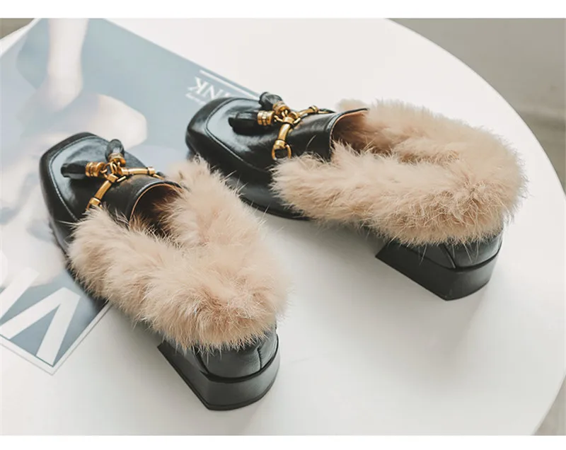 Женские босоножки; коллекция года; зимние теплые туфли-лодочки; женская обувь; модная повседневная обувь из искусственного меха в Корейском стиле