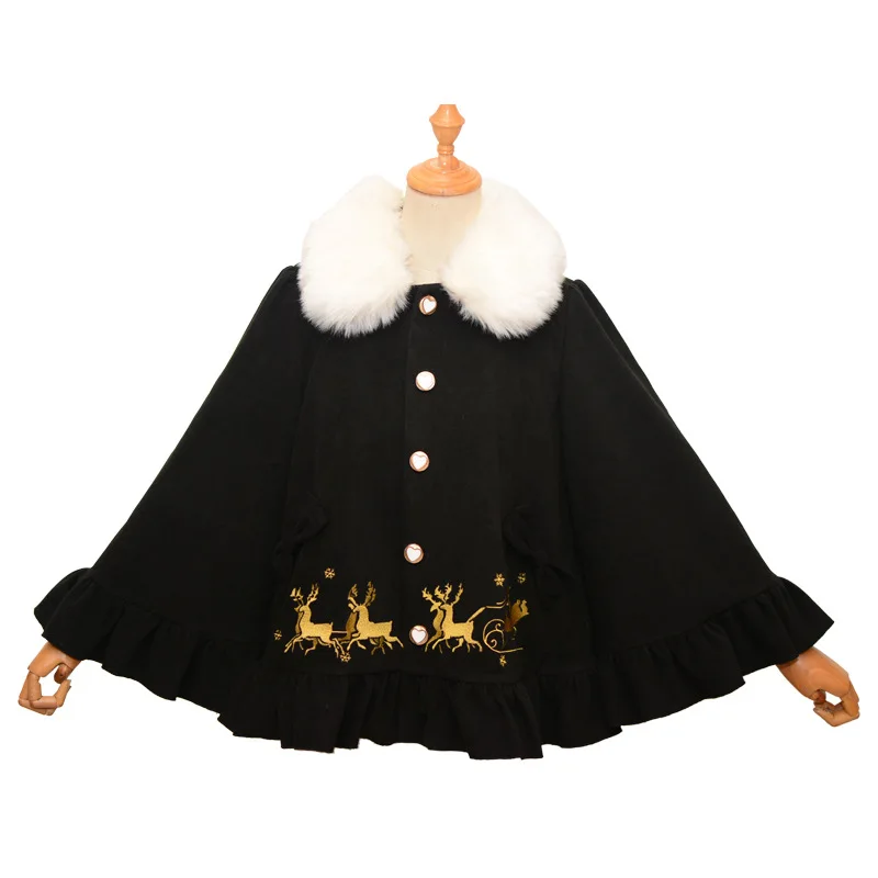 Очаровательное зимнее милое шерстяное пальто в стиле Лолиты для женщин с меховым воротником Милу олень вышивка с расклешенными рукавами рождественское мягкое пальто для сестры - Цвет: Черный