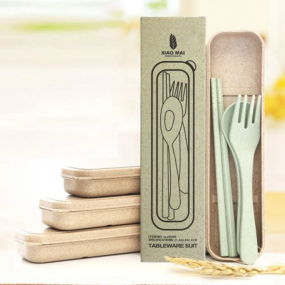 

4 Colors Wheat Straw Dinnerware Sets Camping Picnic Kids School Gift Kitchen Tableware Portable Travel Cutlery Tableware Set