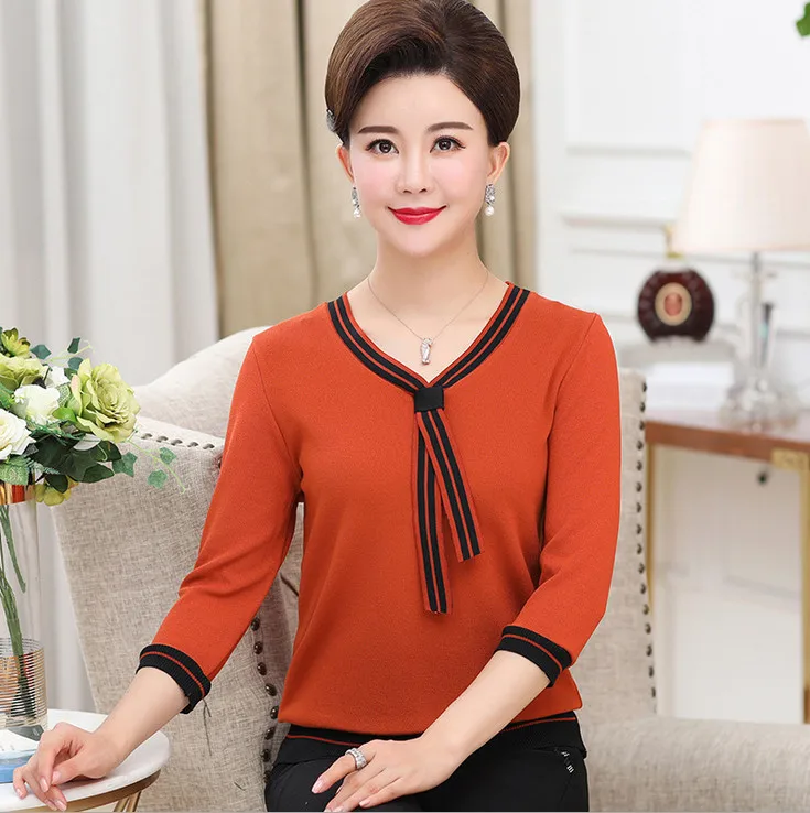 caramel color GNS19 Трикотажные футболки женские топы с рукавом три четверти bottomi рубашки топы Весна Осень нового размера плюс среднего возраста пуловеры для мам - Цвет: caramel color GNS19