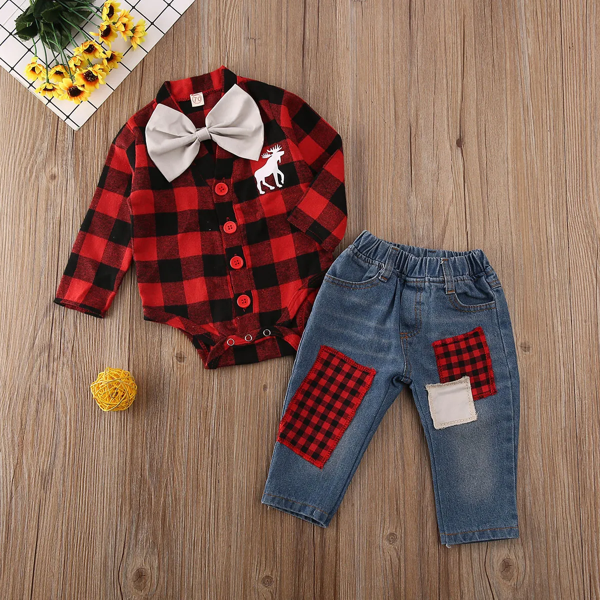 Рождественская Одежда для маленьких мальчиков рождественские топы, боди с длинными рукавами+ джинсовые штаны комплект одежды из 2 предметов