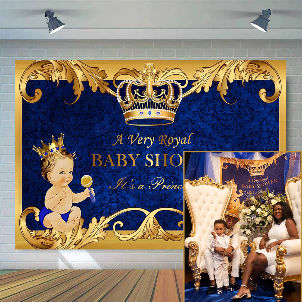 Royal Prince Baby Shower Backdrop Golden Crown Rhombus Background Baby Little Boy Shower Party Bule Curtain Banner Supplies Decoration?