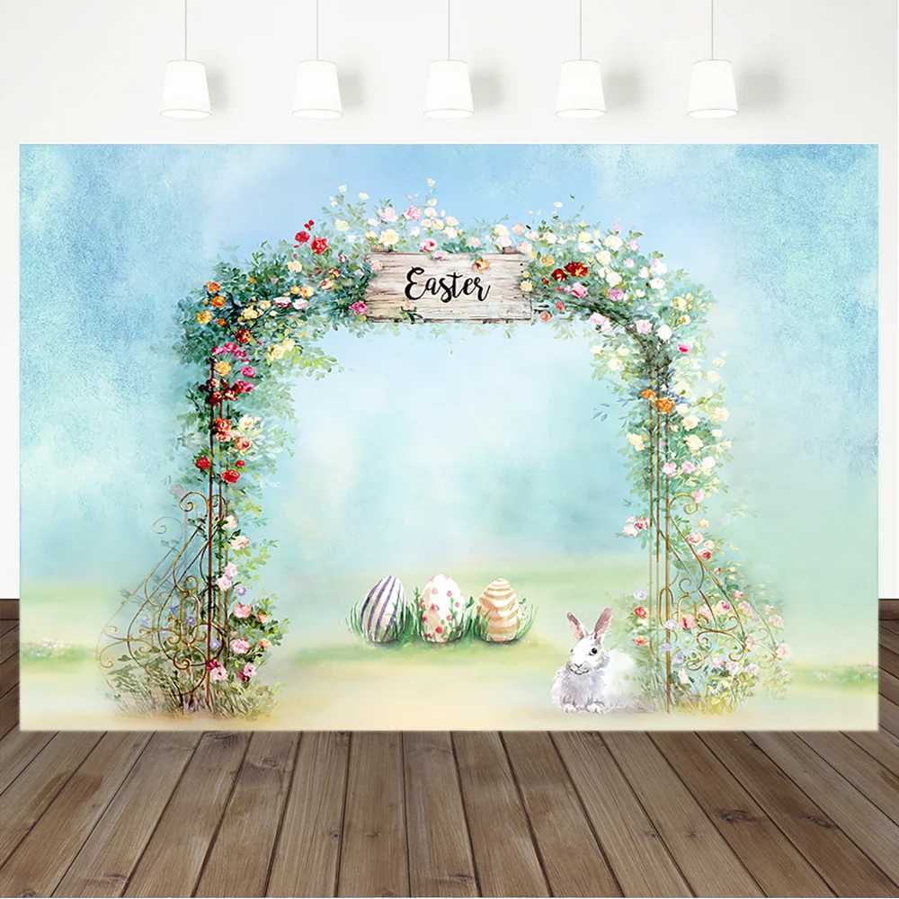 

Easter Eggs Photography Background Blue Watercolor Flower Spring Photography Backdrops For Photo Studio