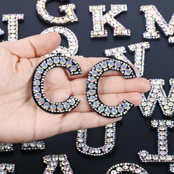 

26 English Letters Big Rhinestone Patches For Clothes A-Z Alphabet Big AB Black Rhinestones Applique Iron On Patches DIY Name