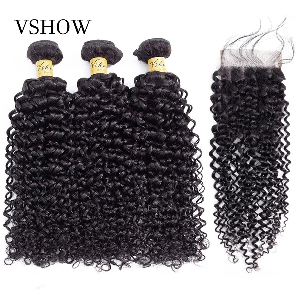 

Mongolian Kinky Curly Bundles With Closure Free/Middle Part 3 Bundles With Closure VSHOW Remy Human Hair Bundles With Closure