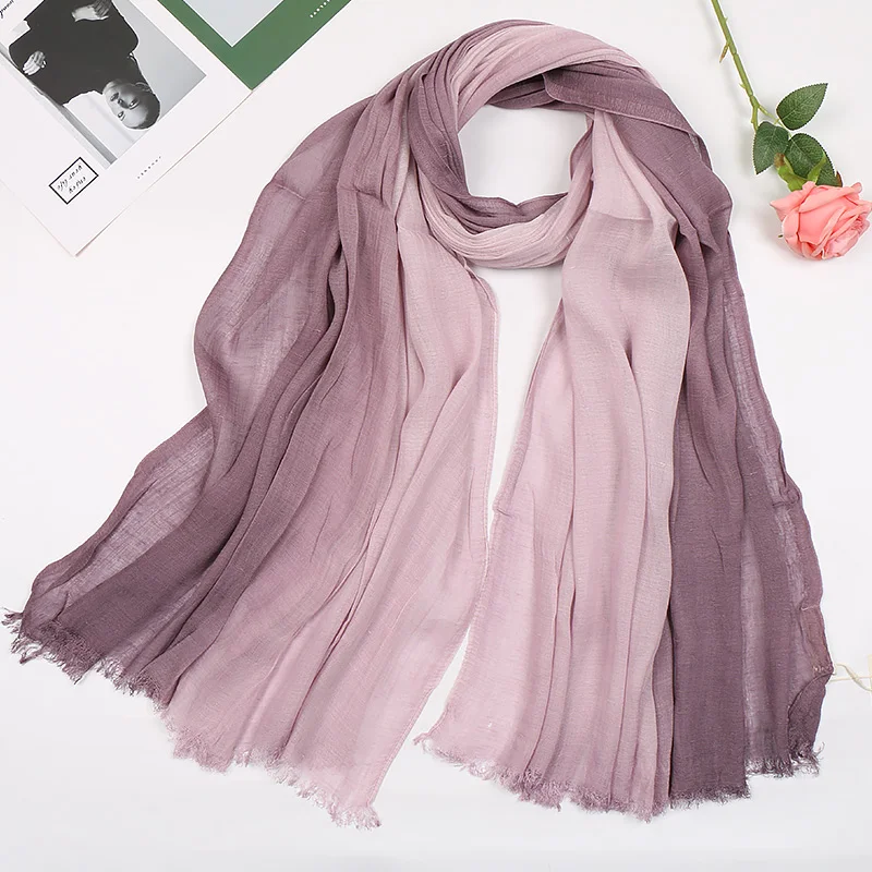 2022 Spain Fashion Plain Ombre Wrinkle Pleated Linen Shawl Scarf High Quality Gradient Pashmina Stole Wrap Muslim Hijabs Sjaal 2022 spain luxury brand leaves floral tassel viscose shawl scarf ladies fashion head wraps pashmina stole muslim hijab 180 100cm