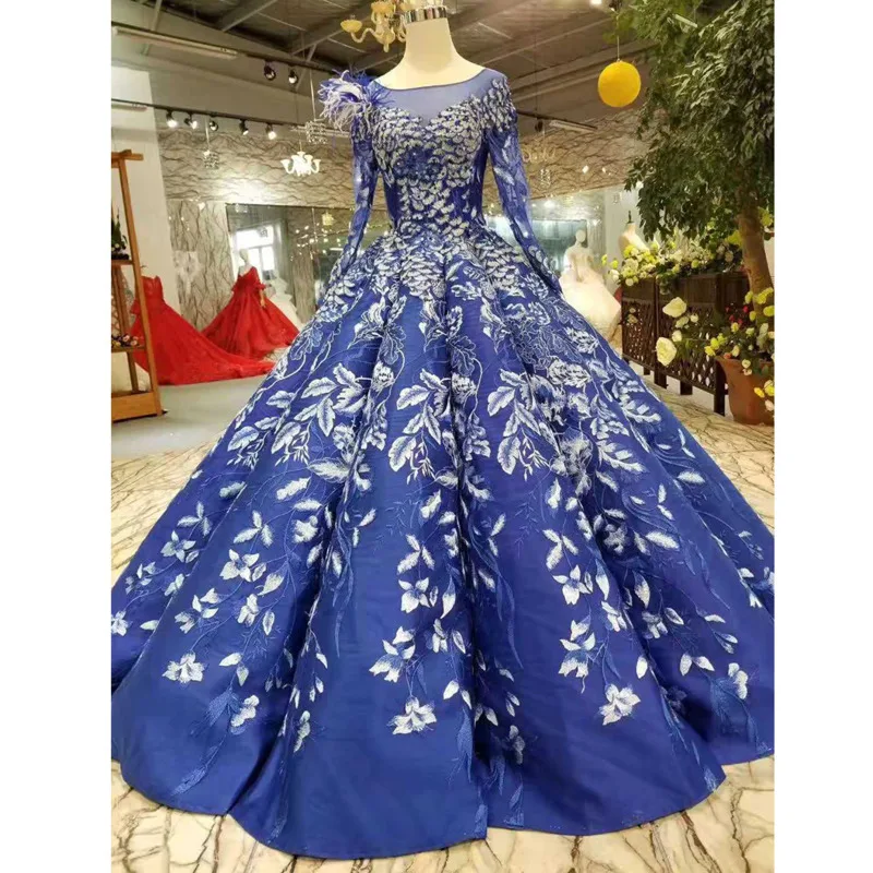 BGW 21729ht Ball Gown Blue Evening Dress Floor Length O-neck Long Sleeves Lace Up Back Muslim Curve Shape With Appliques | Свадьбы и