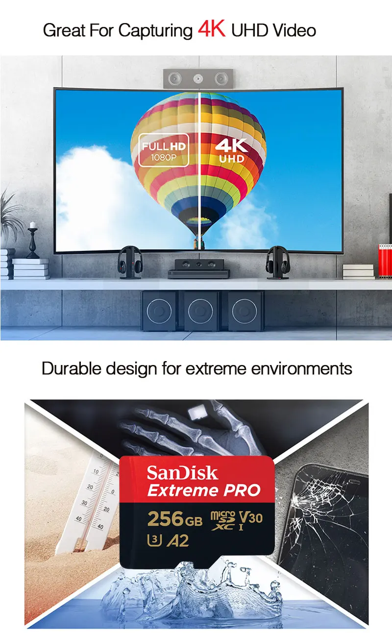 Карта памяти SanDisk Extreme PRO microsd, 256 ГБ, UHS-I, 128 ГБ, micro SD карта, 64 ГБ, TF карта, 170 МБ/с./с, класс 10, U3, V30, A2, картао-де-Мемория