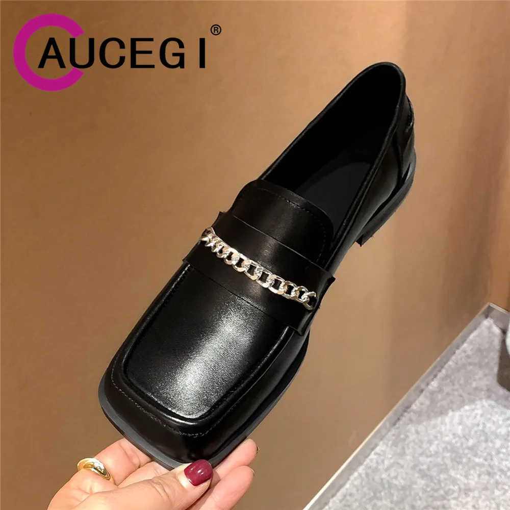 

Aucegi Korean Style Genuine Leather College Loafer Shoes Women Low Heels Metal Chain Pumps Retro Square Toe Slip On Footwear