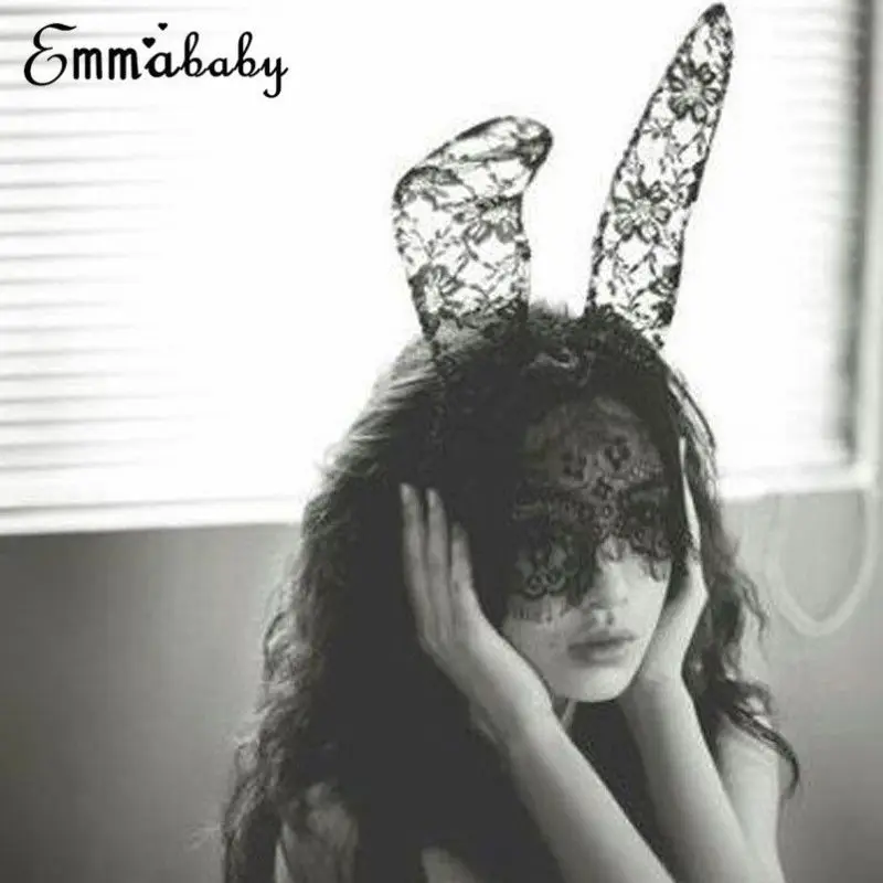 Sexy Black Lace Masquerade Mask Women Halloween Costume Party Rabbit Bunny Ears Lace Eye Mask Black
