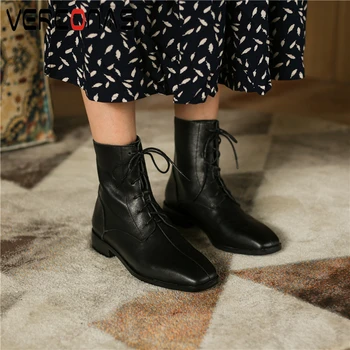 

VERCONAS Office Lady Genuine Leather Ankle Boots For Women Autumn Winter Low Heels Shoes Woman Lace-Up Basic Boots New Arrival