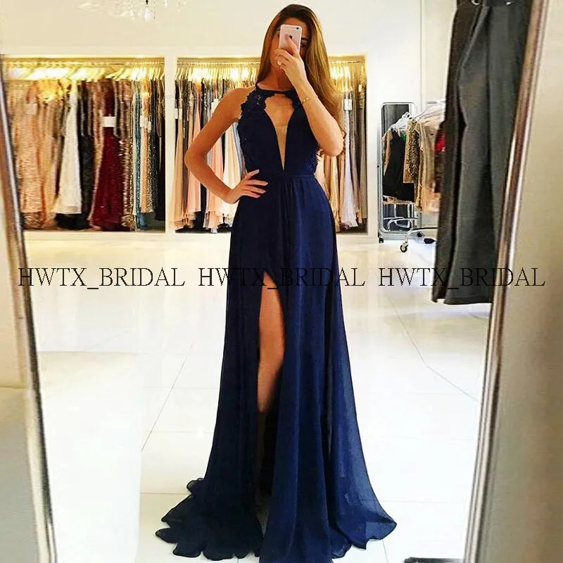 

Royal Blue Chiffon Prom Dresses 2019 Flowing A-Line High Slits Sexy Backless Long Prom Dress Women Formal Party Evening Gowns
