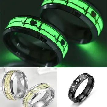 

Glow in The Dark Heart Rate Stainless Steel Couple Finger Ring Engagement Wedding Ring Christmas Fashion Jewerly 2020 Men Gift
