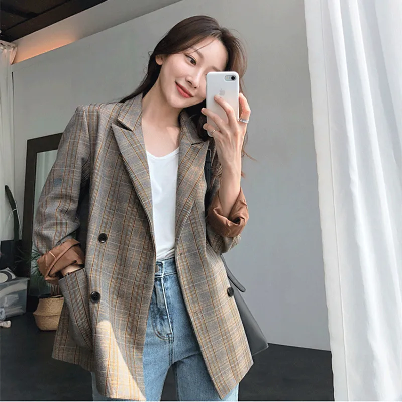 

Temperament retro double-breasted plaid blazer women's loose casual office work small suit autumn jacket 2019