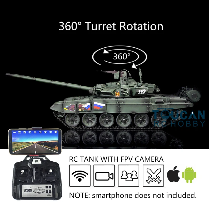 

HENG LONG 1/16 Green 7.0 Upgraded FPV Russia T90 RTR RC Tank 3938 W/ 360° Turret TH17884-SMT4