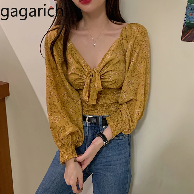 

Gagarich Women Vintage Floral Blouses 2020 Spring V Neck Low Chest Bow Lace Up Puff Sleeve Short Tops Ladies Chiffon Shirt Sexy