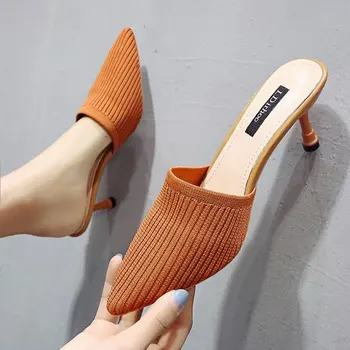 

EOEODOIT 2020 Spring Knit Fabric Slippers Slip On 7 CM High Heel Shoes Women Pumps Slides Sandals Pointed Toe