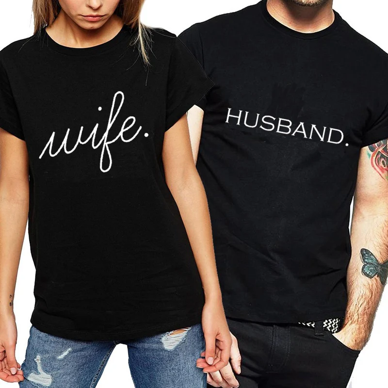 

Wedding Letter Print Huaband Wife T Shirts Tops 2021 Summer T-shirt for Men & Women Couple Lovers Short Sleeve T Shirt
