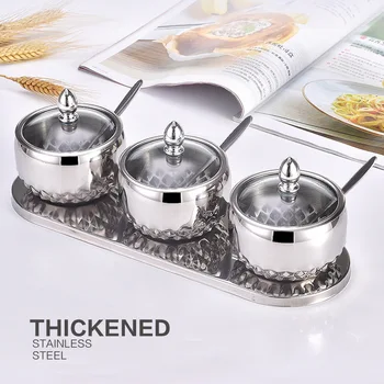 

Stainless Steel Spice Jar European-Style Seasoning Box with Spoon Glass Lid Cruet Packaged Combination Kitchen Supplies