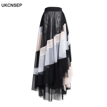 

2020 Casual Patchwork Mesh Women Skirt High Waist Asymmetrical Midi Hit Color Skirts For Female Fashion Summer Clothing