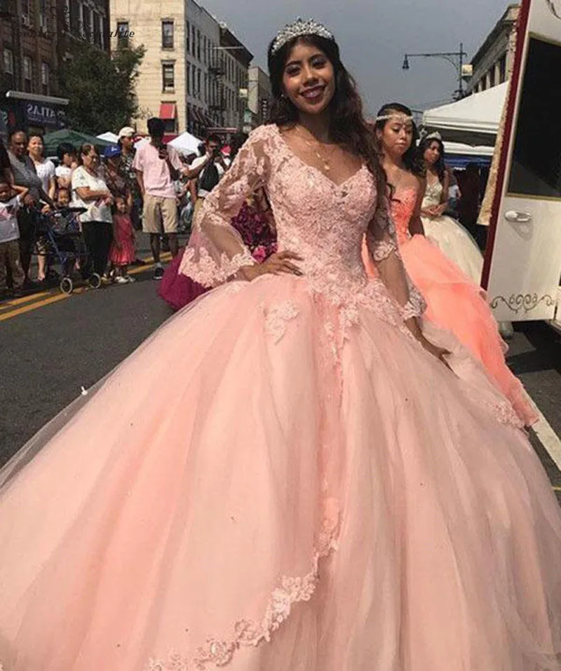 Sweet 16 Dresses Long Sleeve Lace Cheap Quinceanera Dresses Vestido de Debutante Para 15 anos Pink Ball Gowns Dress for 15
