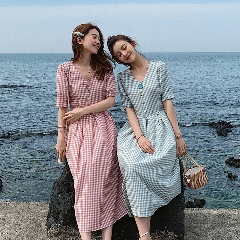 

Photo Shoot CHIC Gentle Wind Light Green Plaid V-neck Single Breasted Charade Backless Lace-up Waist Hugging A- line Dress