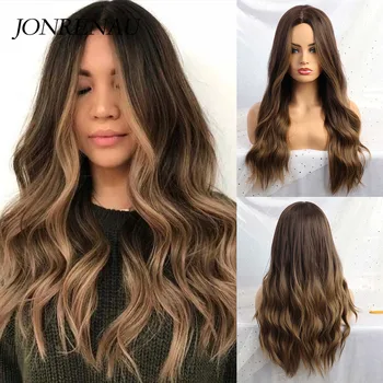 JONRENAU Long Synthetic Natural Wave Brown to Golden Blonde Ombre  Hair Wig Daily Wear Wigs for White /Black women 4