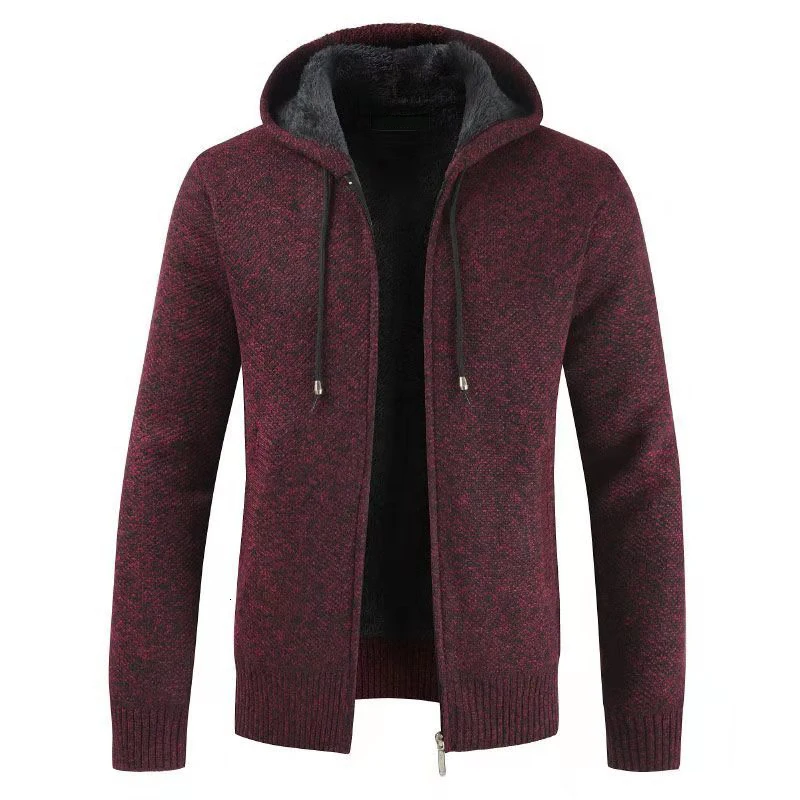 Winter Plus Velvet Sweater Men's Slim Warm Fashion Solid Color Casual Hooded Sweater Man Wild Knitted Sweater Jacket Men