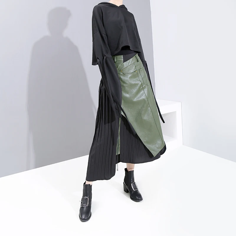 Новинка, корейский стиль, женская зимняя модная длинная Плиссированная юбка, длиной до середины икры, из искусственной кожи, в стиле пэчворк, Женская стильная юбка, Femme 5695