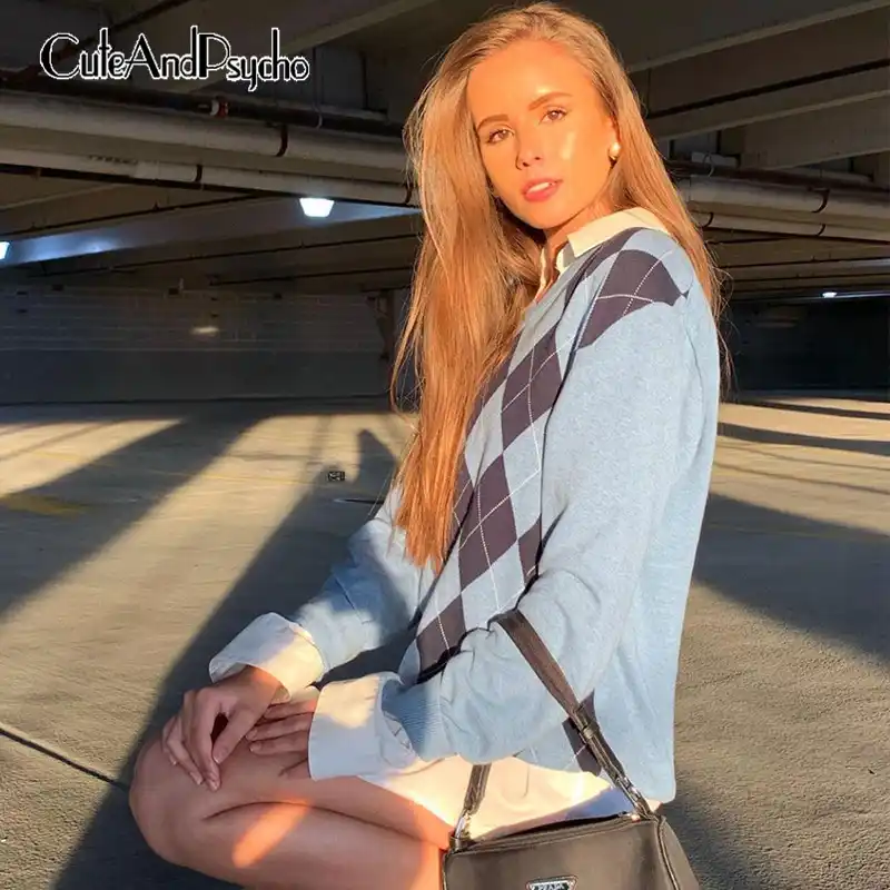 Autumn Vintage Argyle Y2k Sweaters Women Oversized Harajuku Aesthetic Pullovers Streetwear Jumper Korean Knitwear Cuteandpsycho Pullovers Aliexpress