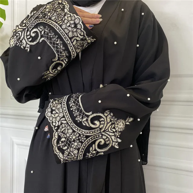 Middle East Ramadan Lace With Pearls Design Abaya Dubai Kimono Kaftan Caftan Turkish Islamic Clothing Muslim For Women Maxi Robe 2