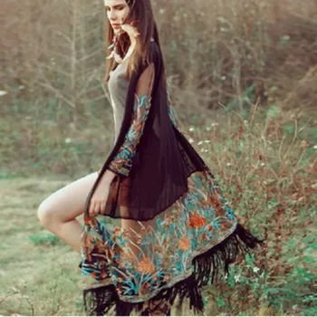 

Women Chiffon Shirt Bohemian Style 2019 New Cardigan Casual Women Fashion Embroidery Tassel Ladies Shirts Stitching Women Tops