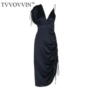 

TVVOVVIN Dress Irregular Hollow Out Drawstring Vintage Asymmetry Sexy V-neck Long Dresses Women 2020 New AS433