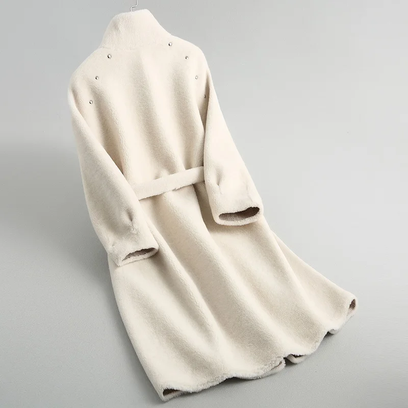 

2020 Women's Fur Coat Female Winter Warm Thick Real Wool Shearing Jacket Long Composite Fur Coats With Belt 18023 YQ1757