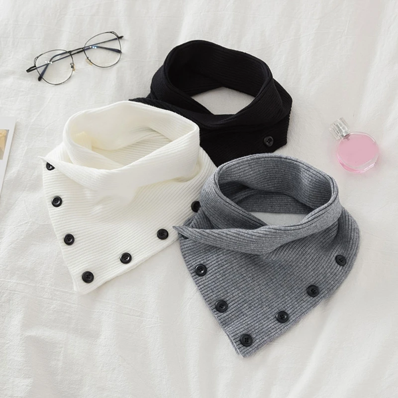 

Women Winter Knitted Turtleneck False Fake Collar Button Neck Warmer Solid Color Short Triangle Scarf Wrap Windproof Neckerchief