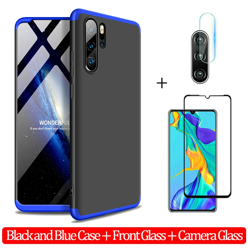 3-в-1 защитный чехол для huawei-p30-pro чехол на хуавей р30 про жесткий Пластик анти-противоударный бампер чехол huawei p30 lite 360 Полное покрытие p 30 pro чехол+ стекло хуавей р 30 про чехол хуавей р30 лайт чехол - Color: Len Glass Black Blue