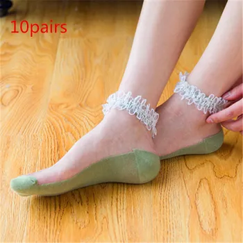 

socks set women 10 pairs skarpetki lace kawaii funny cute white pink black tulle pack transparent cotton summer calcetines mujer