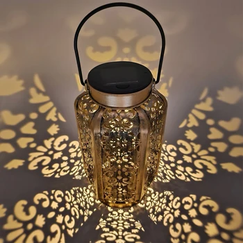 

LED Solar Lantern Wrought Iron Hollow Hanging Projection Lights Portable Light for Household Outdoor Courtyard Ornament