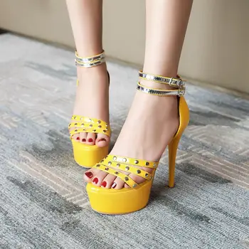 

Women High Heels Sandals Summer Square Heels rivet Heeled Platform Shoes Ladies Sexy Party Wedding Shoes zapatos mujer
