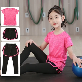 

Girls Yoga Clothes Set Spring Children's Gym Three&Two Pieces Kids Suit Cotton Sport Short-Sleeved Tops Shorts + Pants Tracksuit