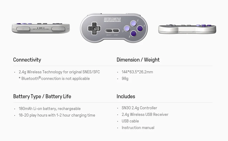 8BitDo SN30 2.4G Wireless Gamepad for Original SNES/SFC (SN/SF/Transparent Edition) - Super NES