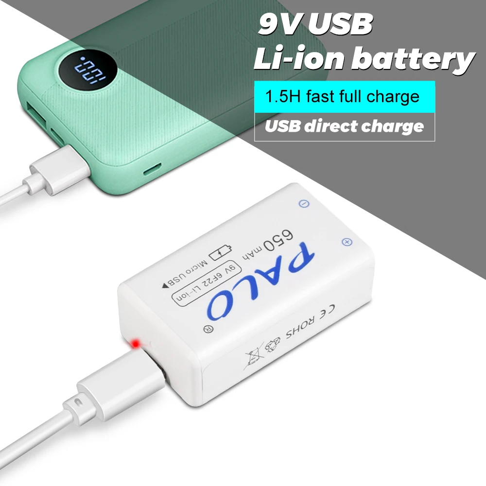 

PALO 9V battery 6F22 650mAh Li-ion Rechargeable battery 9 volts lithium for Multimeter Microphone Toy Remote Control KTV use