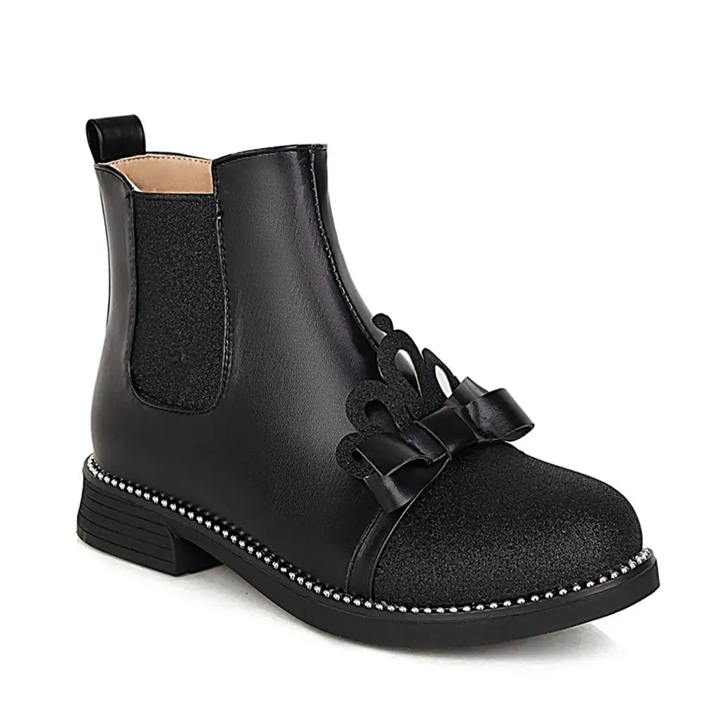 

2020 New Princess Style Women's Boots Crown Bow Flat Ankle Boots Pink Sweet Student Shoe Side Zipper Silver Stitching Small Size