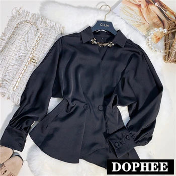 

2020 Spring Green Shirt Women Sexy V-neck Slim Waist Rhinestone Bee V Collar Long Sleeve Top Blouse Lady Shirts and Blouses