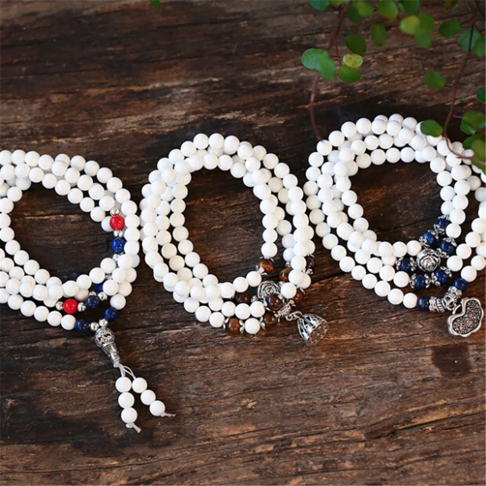 

New Made Natural Crystal 108 Bead Prayer Mala Bracelet with Tibetan Silver Charm Round White Shell Fashion Women Strand Bracelet