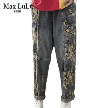 

Max LuLu 2020 Chinese Style Ladies Fashoin Spring Printed Harem Pants Womens Elastic Jeans Loose Patchwork Ripped Denim Trousers